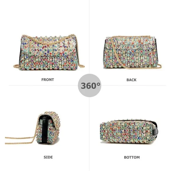⚡Women's Multi Rhinestones Chain Shoulder Sparkly Cocktail Clutch Party Prom Bag - Picture 6 of 6